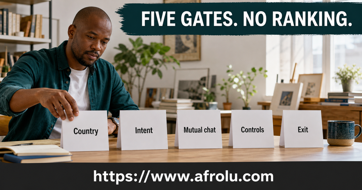 Adult African reader checks country, intent, mutual chat, controls and exit as five gates without ranking dating sites