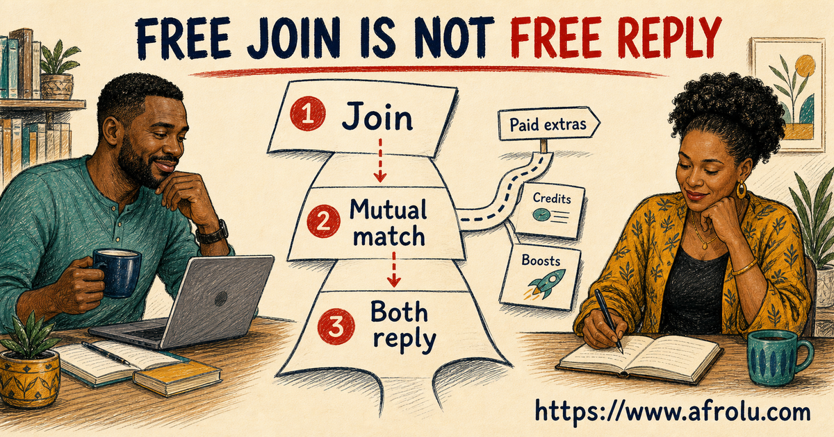 Two adult African daters distinguish free joining and mutual matching from a reciprocal unpaid reply while credits and boosts remain side lanes