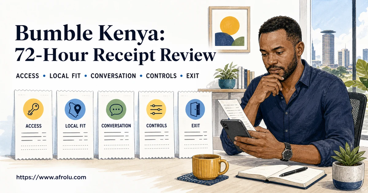A Kenyan adult reads a Bumble account receipt beside separate access, conversation, control and exit notes