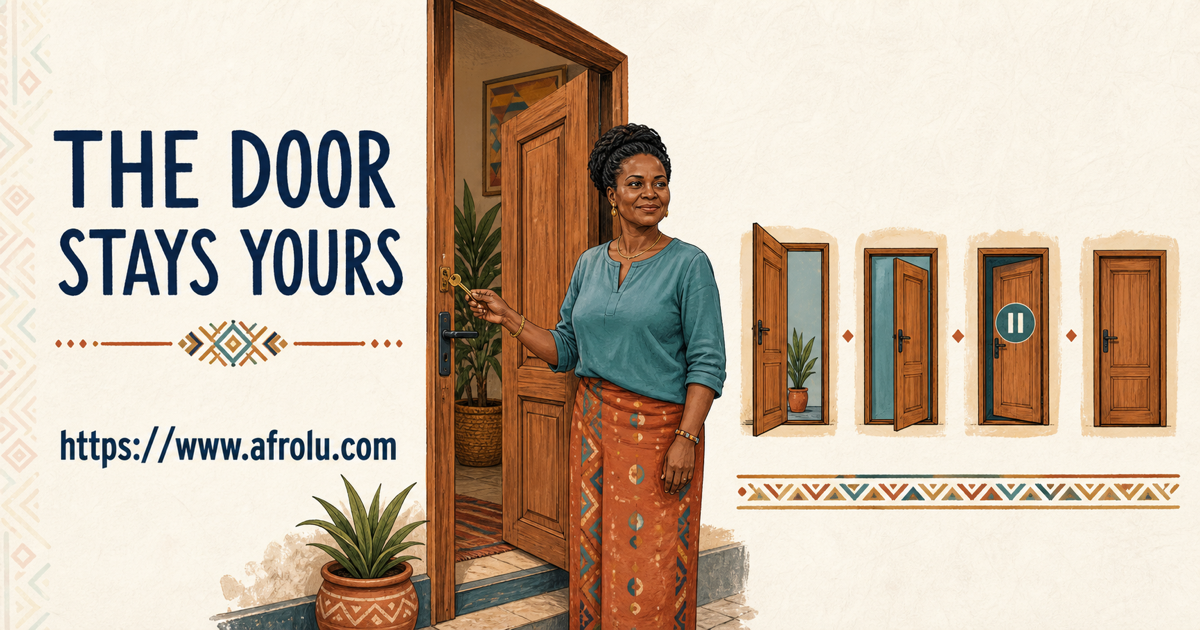 Widowed Kenyan adult calmly controls a symbolic door that can open, narrow, pause or close