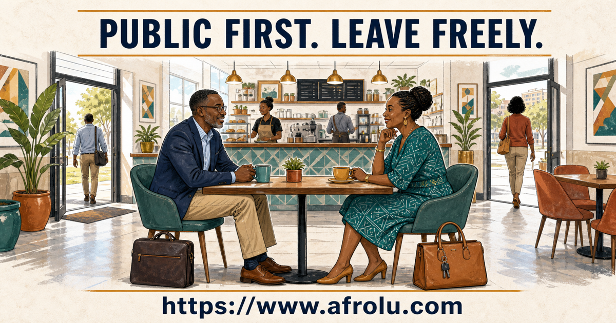 Two Kenyan adults meet at a staffed public cafe while each keeps an independent arrival and exit