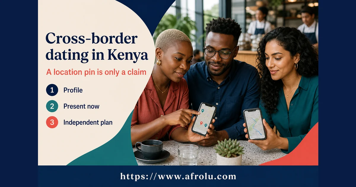 Three adults compare a profile location, current presence and an independent meeting plan in Kenya