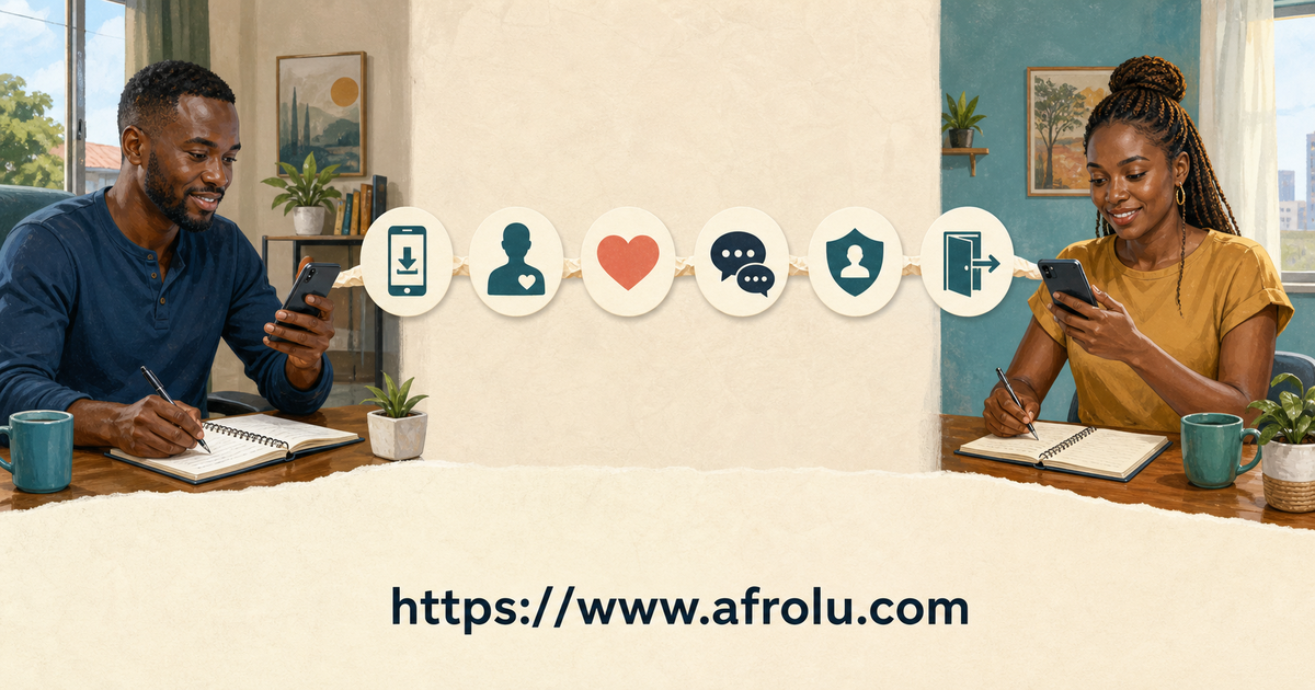 Two adult Kenyan daters separately follow an unpaid route from installation and honest profiles to mutual conversation, reporting and exit