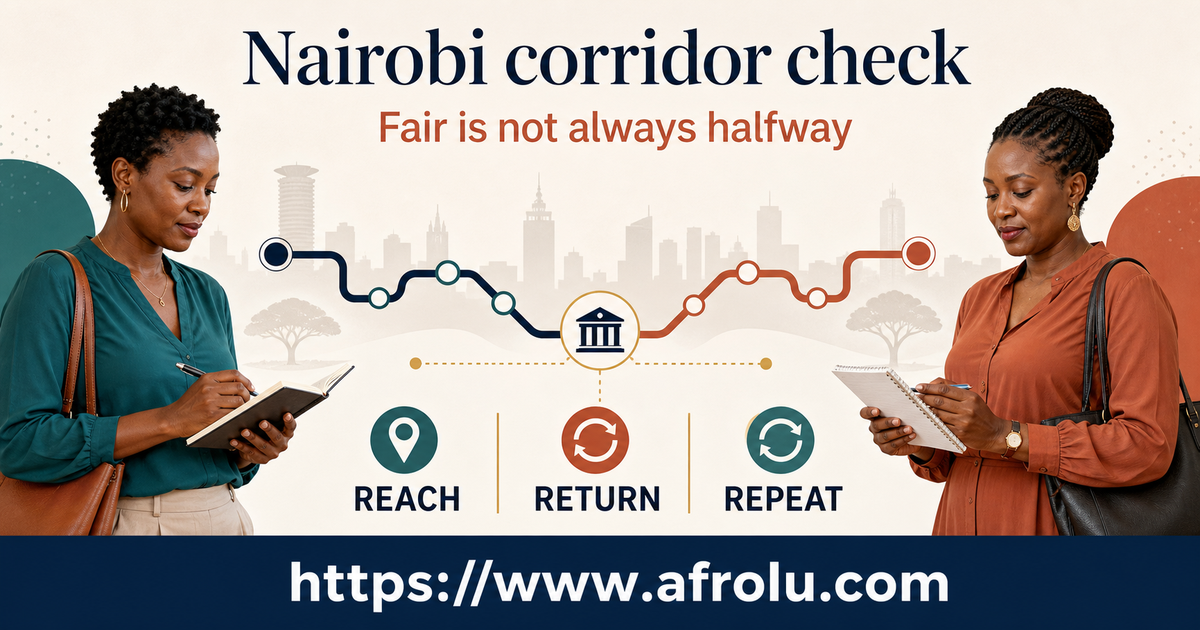 Two Nairobi adults compare reach, return and repeat travel burden before agreeing a public meeting corridor