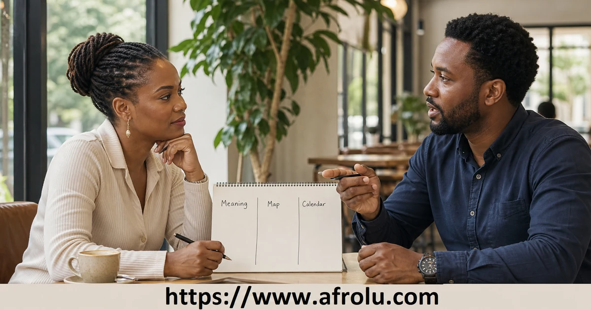 Two adults discuss relationship meaning, a practical plan and a calendar beside a shared notebook
