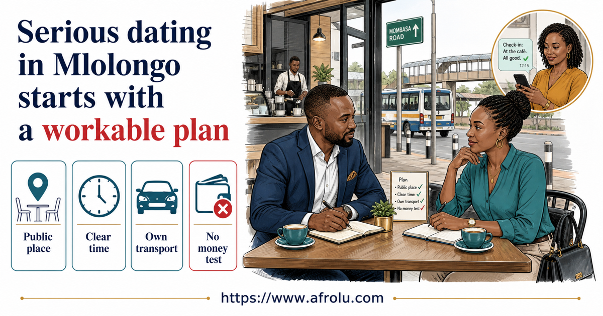 Two adults plan a public Mlolongo first meeting with a clear end time, independent transport and no money test