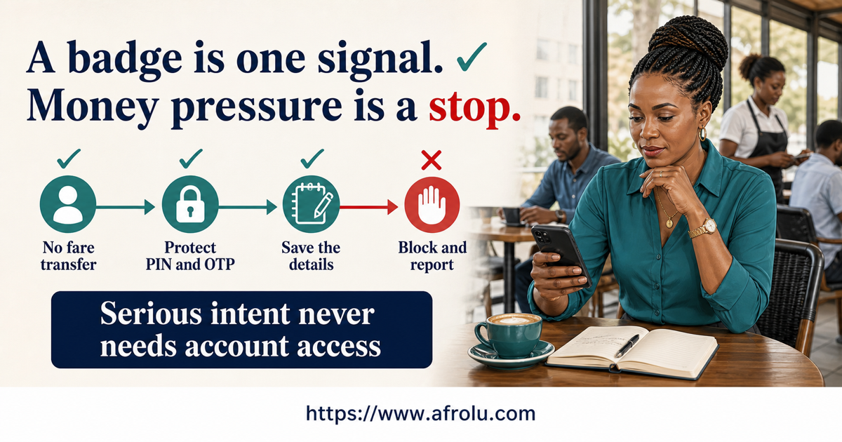 A Mlolongo dater separates a limited verification signal from fare requests, PIN or OTP pressure, evidence saving and app reporting