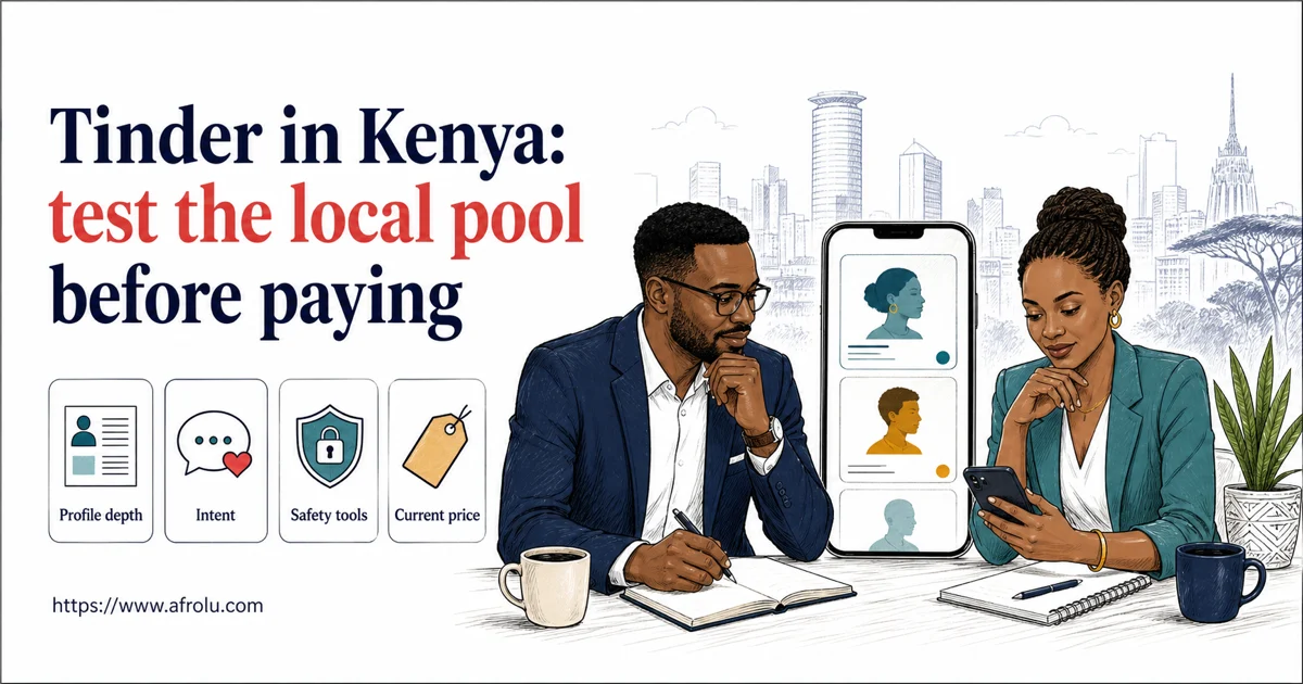 Two Kenyan adults inspect Tinder profiles, controls and current cost before deciding whether to use the app