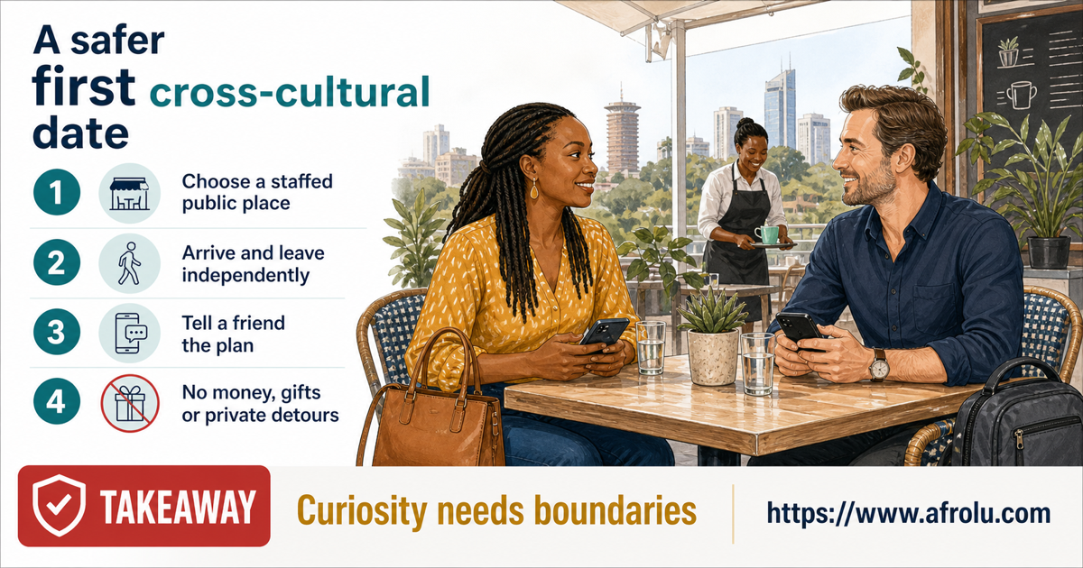 Adults plan a staffed public cross-cultural first date with independent travel, a friend check-in and no money requests