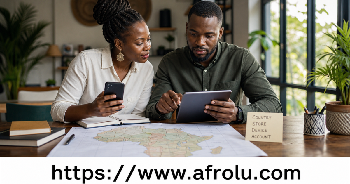 Two African adults use a phone and tablet to check country, official store, device and live account beside an Africa map
