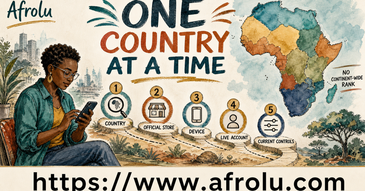 African reader follows country, official store, device, live account and current controls under a one-country-at-a-time heading