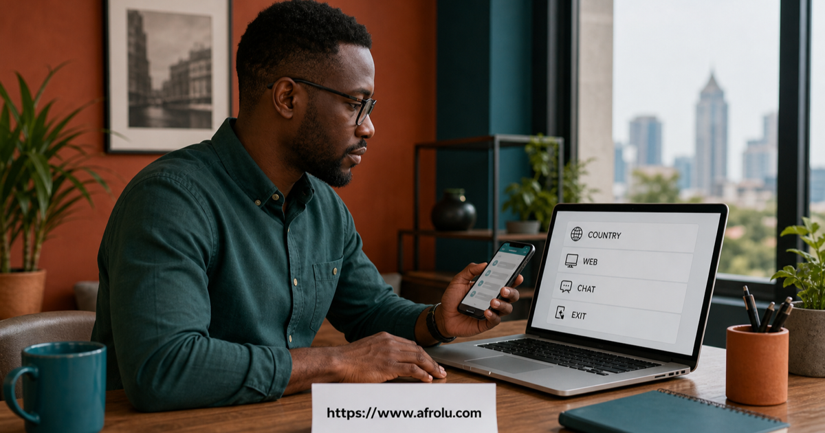 Kenyan adult at a laptop records the official address, country, device, access and review date for a dating website