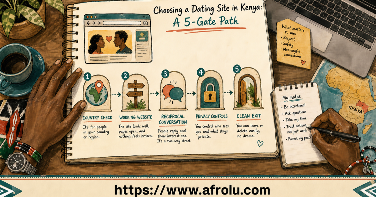 Hand-drawn Kenya dating website path moves from official access to sign-up, reciprocal conversation, controls and a clean exit