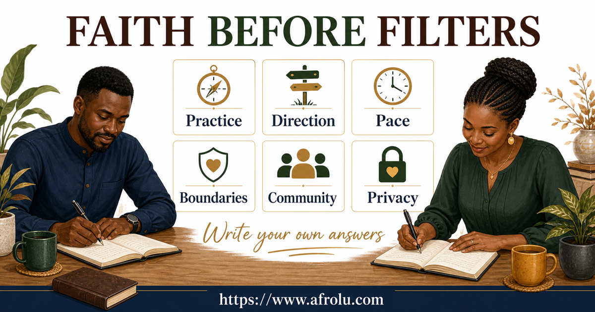 Two Christian adults in Kenya privately write six chosen dating commitments about faith practice, direction, pace, boundaries, community voice and privacy