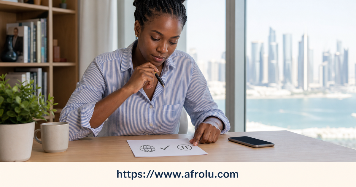A Kenyan woman in Doha checks a country availability receipt and pauses before profile setup