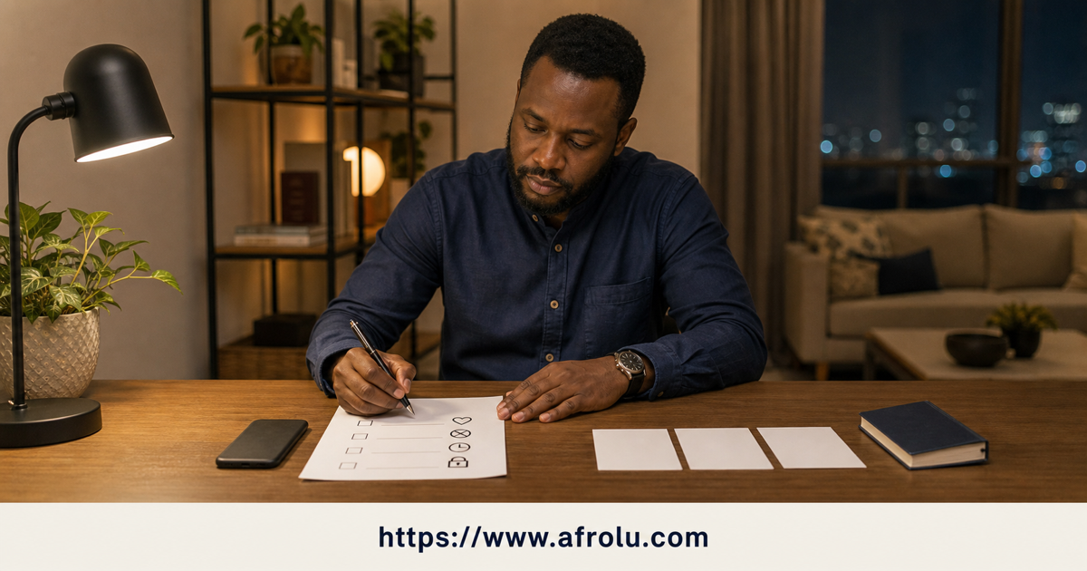 A Kenyan man in Doha keeps photo cards blank and identity information outside a minimal dating profile