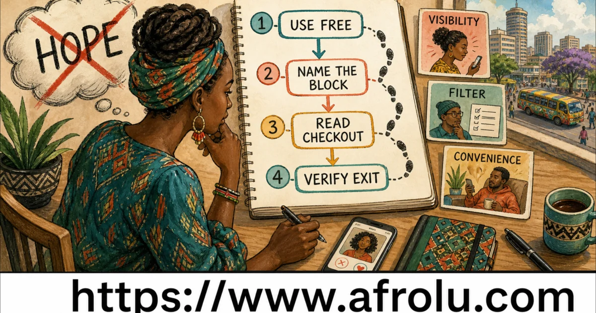 A Kenyan adult follows four purchase questions from a free app action through checkout and cancellation