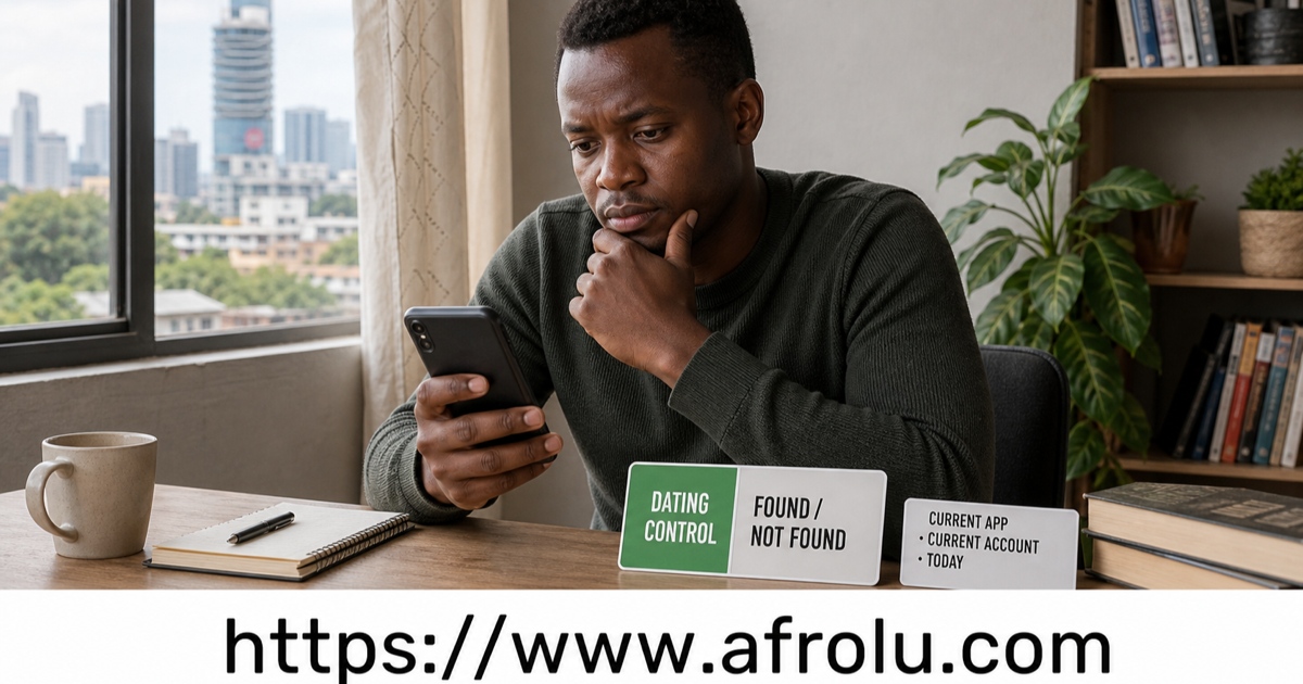 Nairobi adult checks an unbranded phone beside cards reading Dating control, found or not found, current app, current account and today