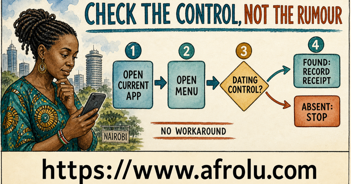 Hand-drawn Nairobi control test opens the current app and menu, then branches to found record receipt or absent stop with no workaround