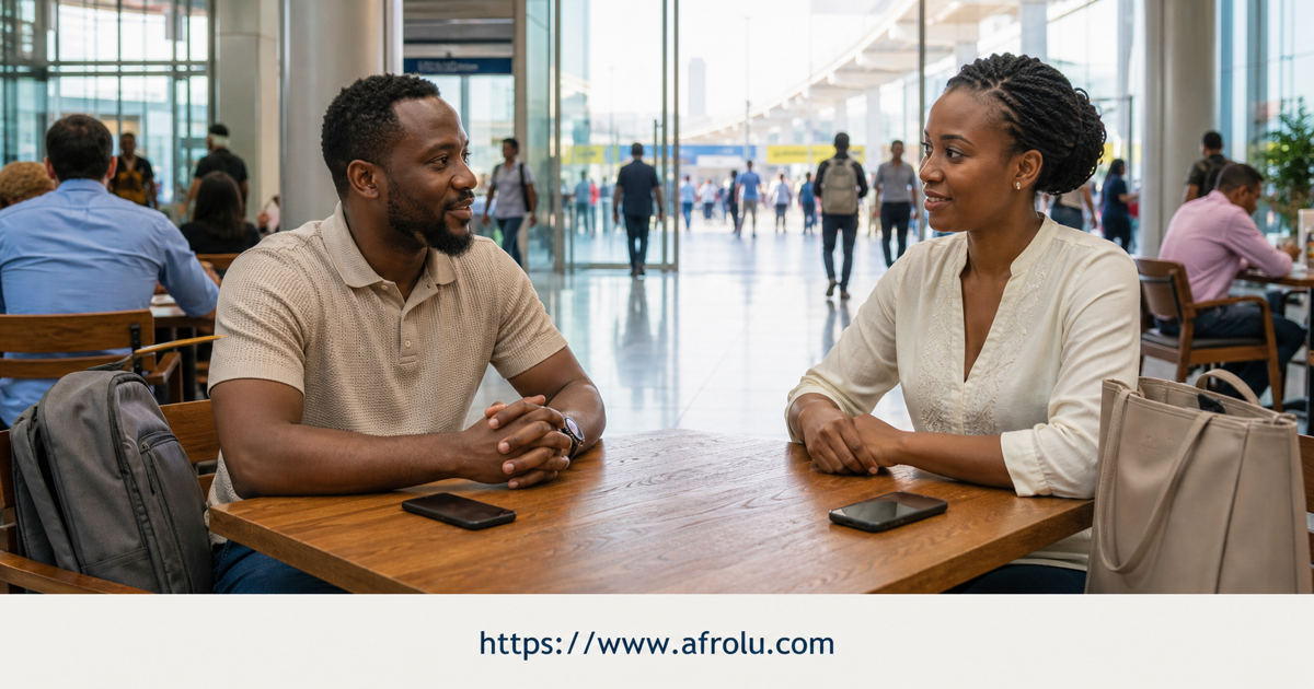 Two Kenyan adults keep respectful space, separate bags and an open public exit during a Dubai meeting