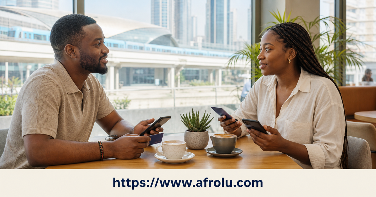 Two Kenyan adults meet in a staffed Dubai cafe with their own phones and independent travel plans
