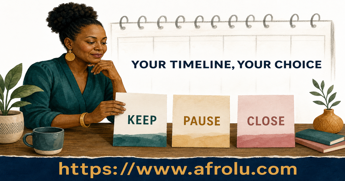 A divorced Kenyan woman chooses among keep, pause and close without a readiness deadline or pressure to explain