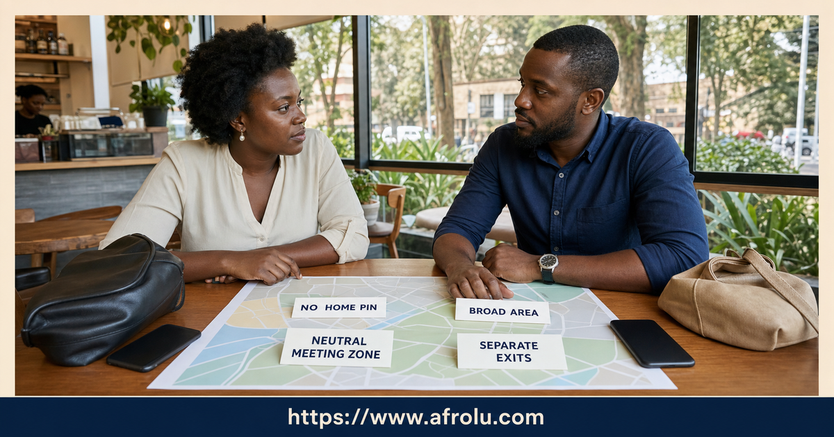 Two adults use broad Runda-side and Nairobi-side cards to choose a neutral public meeting while both home pins remain closed