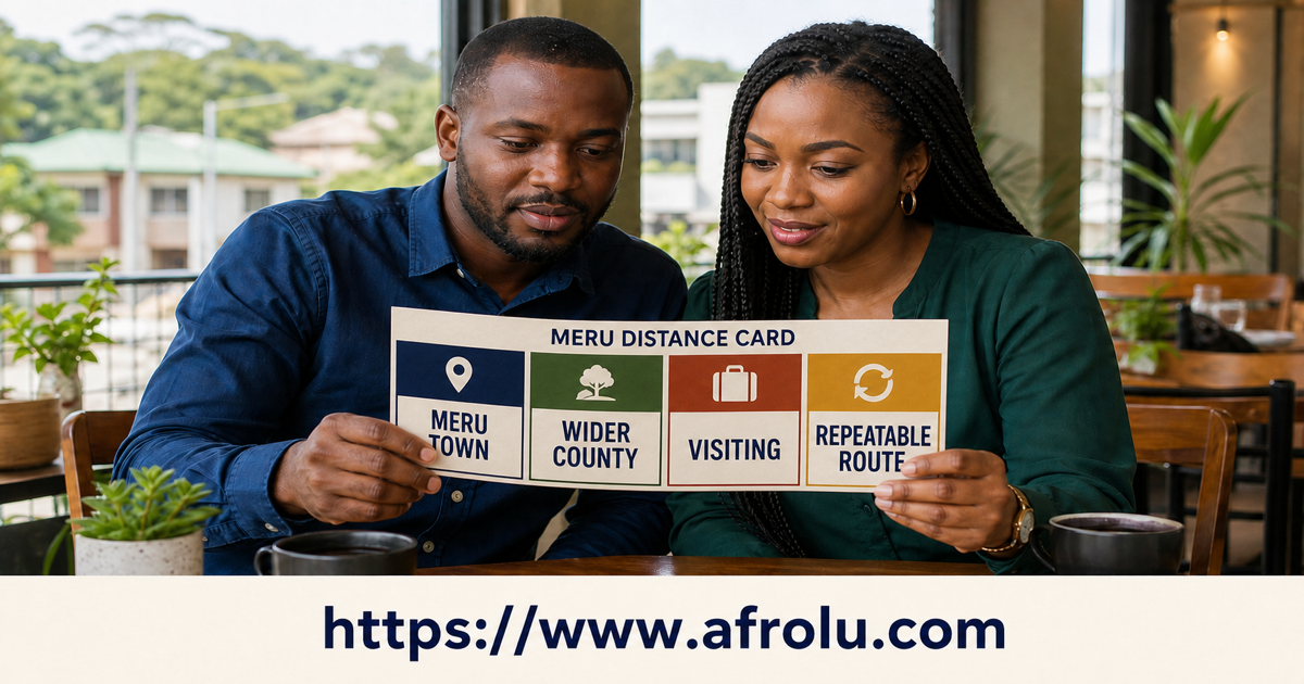 Two Meru adults unfold separate cards for town, surrounding county, visitor status and a repeatable public meeting