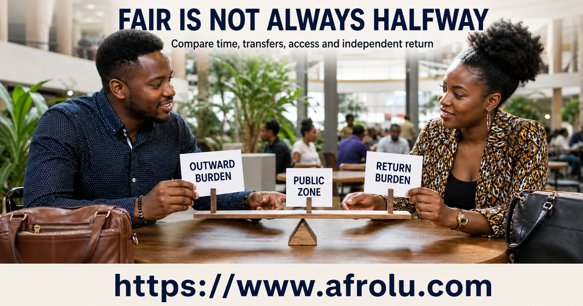 Two Meru adults balance their separate route cards against a neutral public meeting rather than choosing a mathematical midpoint