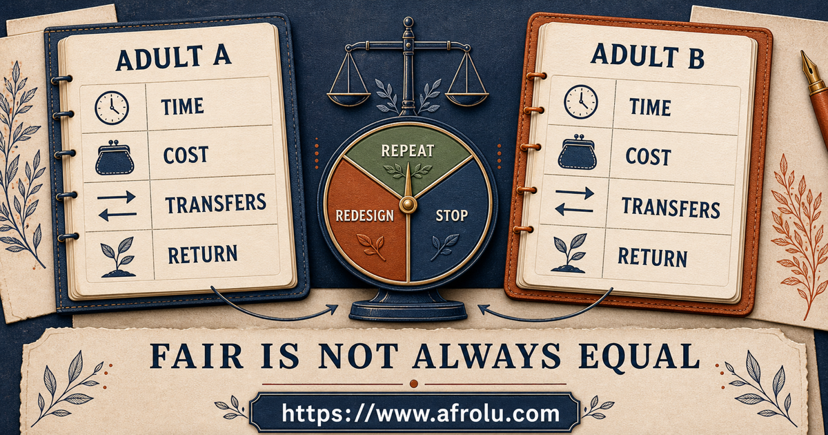Meru two-person effort ledger compares each adult's time cost transfers and independent return before repeat redesign or stop