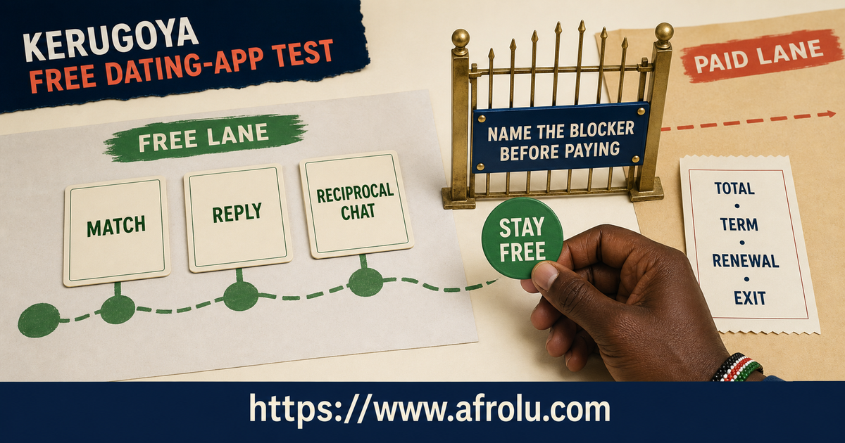 A Kerugoya adult reviews a dated free-lane notebook before deciding whether one clearly labelled app payment gate solves a real bottleneck