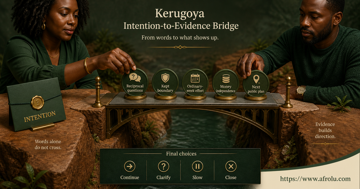Two adults place reciprocal questions boundaries ordinary-week effort money independence and a public plan onto a Kerugoya intention evidence bridge