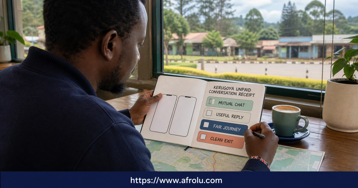 A Kerugoya adult records separate notebook lines for app listing, free access, match, reply and reciprocal conversation