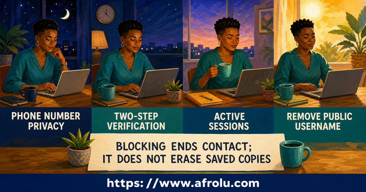A Kenya adult closes unknown sessions, changes exposed credentials and narrows contact visibility after blocking Telegram pressure