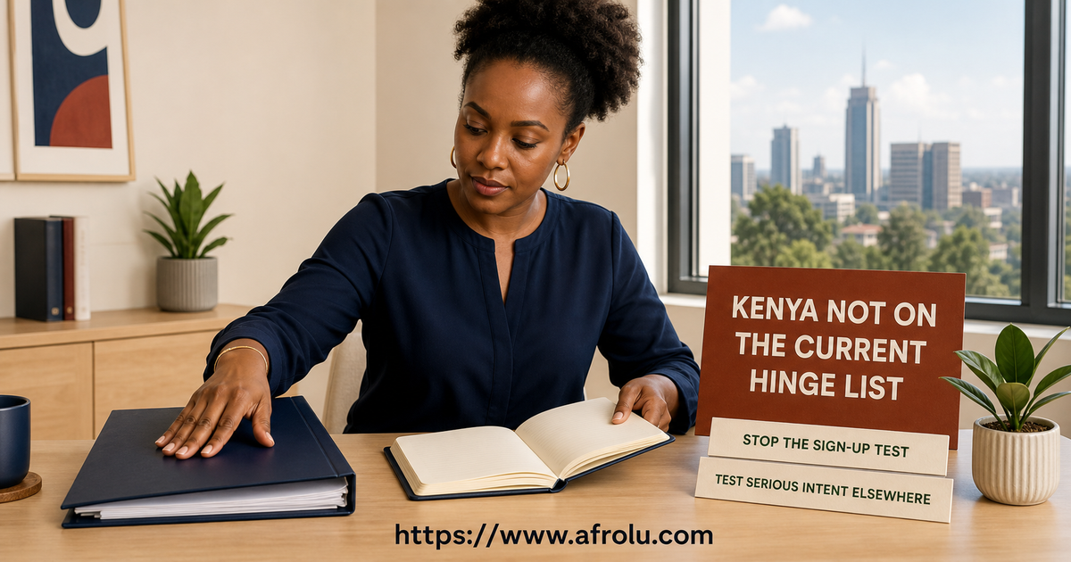 A Kenya reader checks Hinge's official country list and stops the product test before entering any profile or payment details