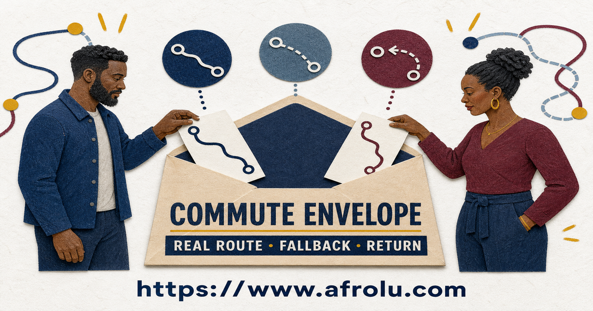 A UK dating commute envelope holds a broad town, repeatable route, current journey check, fallback and separate return