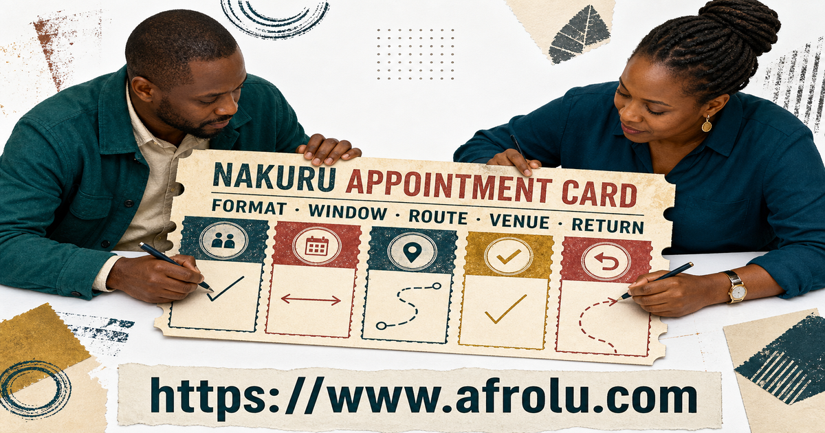 Two adults fill a Nakuru appointment card with meeting format, usable window, travel ceiling, current venue check and separate return