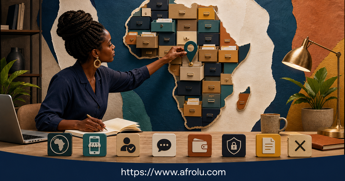 An adult African researcher selects one country file and checks store account conversation payment privacy and exit controls