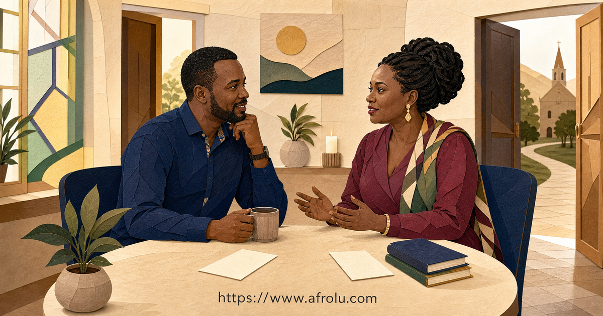 Two Catholic adults in Kenya discuss values at a table with separate chairs and open exits