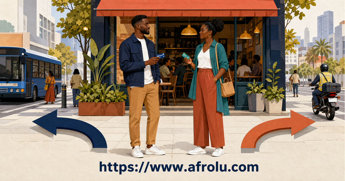 Two Kenyan adults meet outside an occupied public cafe while keeping separate transport cards and return routes