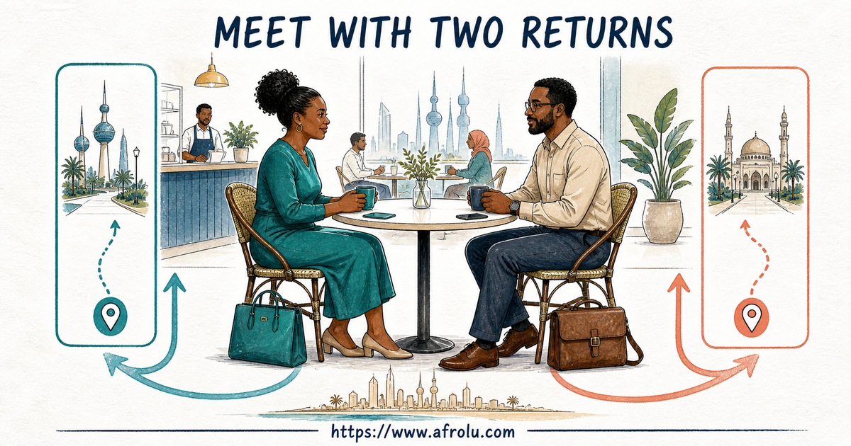 Two adults in a staffed Kuwait City public setting keep separate phones, transport plans, documents, money and departure choices