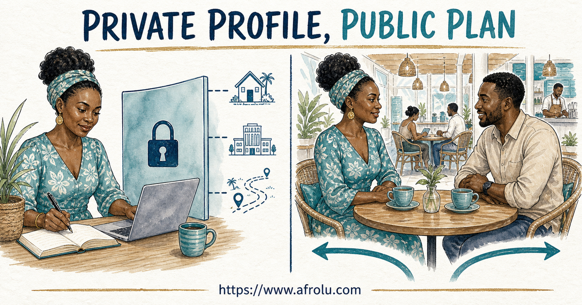 An adult woman keeps home, work and live route behind a privacy screen while choosing a broad Diani Ukunda profile and occupied public meeting plan