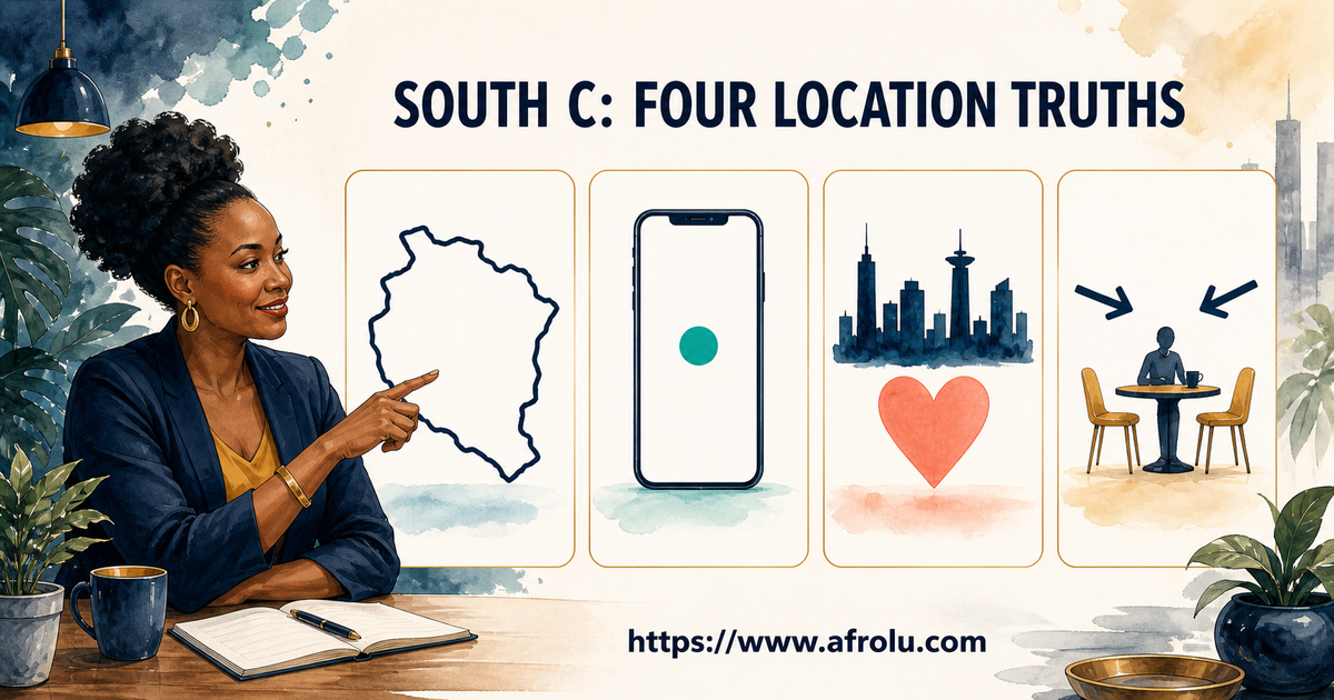 A South C adult reviews four separate cards for civic boundary, one device dot, broad profile area and mutually chosen public meeting point