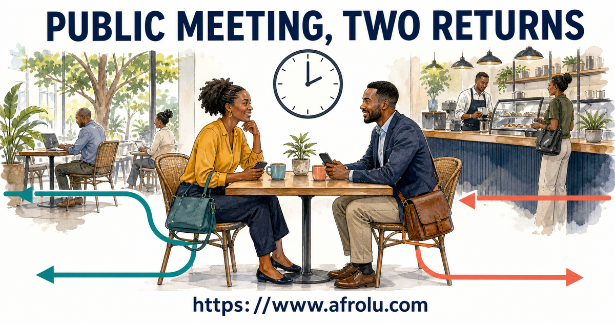 Two South C adults meet in a staffed public cafe with a finish clock and separate arrival and return arrows