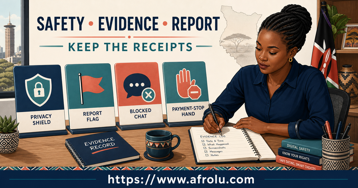 A Kenya safety desk organises privacy reporting blocked-chat and payment-stop evidence