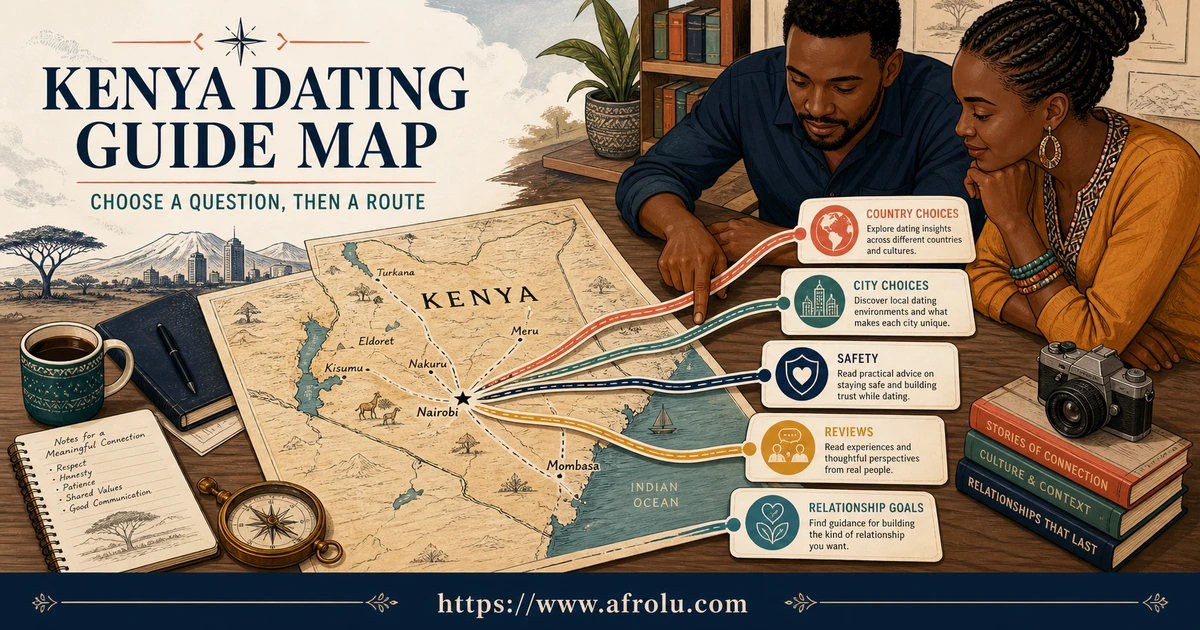 Two Kenyan adults choose a country, city, safety or relationship guide from a map.