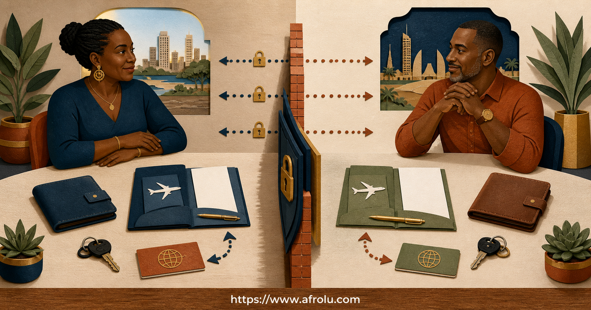 Two Kenyan adults keep separate wallets, keys and blank travel folders on opposite sides of a cross-border planning desk