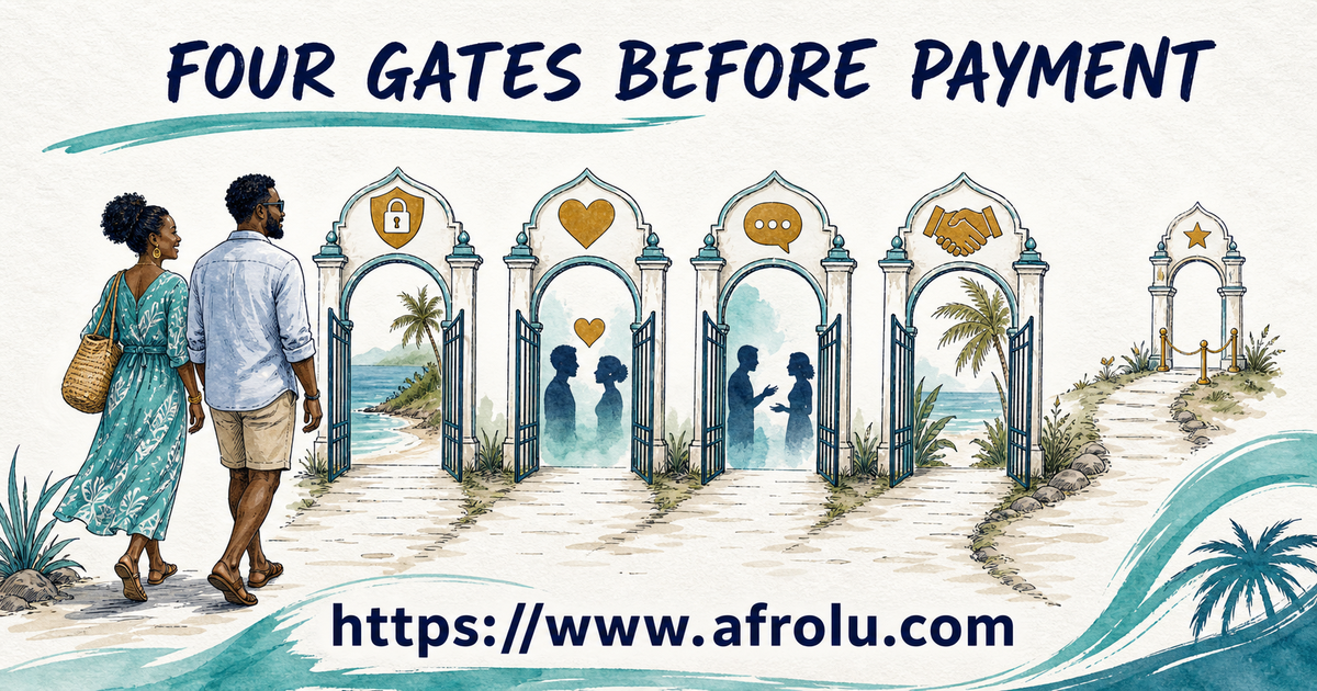Four illustrated gates separate a Kenya iPhone listing, free mutual step, reciprocal chat and optional paid features for a Diani reader