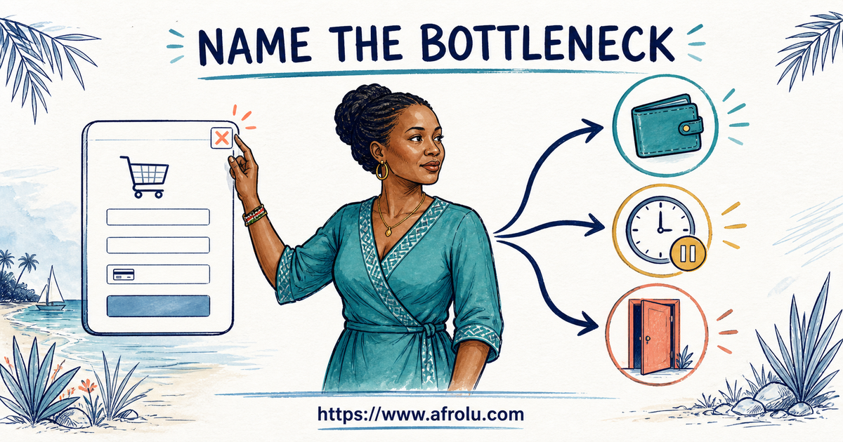 A Diani adult closes a checkout screen and chooses among stay free, pause and close after naming the actual product bottleneck