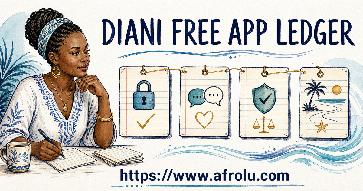 A Diani adult records free access, reciprocal conversation, account controls and a repeatable local journey in four separate ledger columns